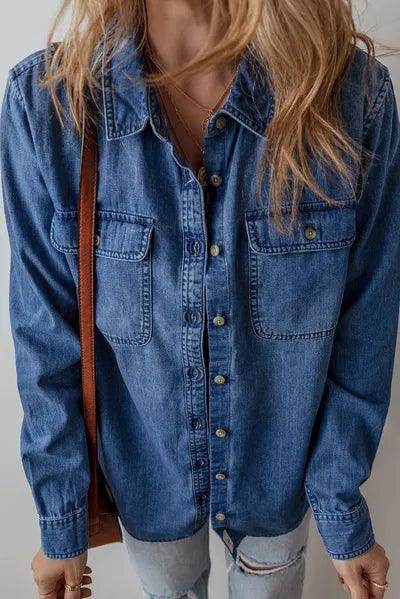 Button Up Long Sleeve Denim Jacket for Stylish Comfort - Selvanelle