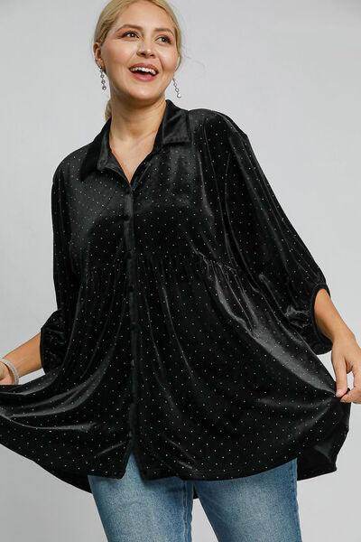 Umgee Full Size Polka Dot Button Up Half Sleeve Shirt - Selvanelle
