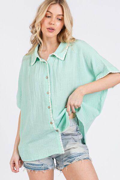 SAGE+FIG Boho Contrast Zigzag Trim Button-Up Shirt - Selvanelle