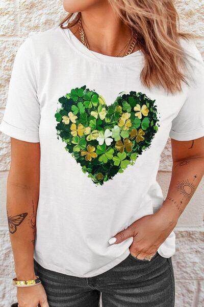Clover Heart Round Neck Short Sleeve T-Shirt for Women - Selvanelle