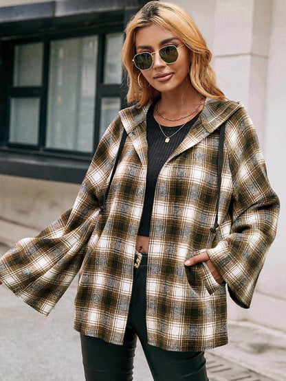 Ivy Lane Pocketed Plaid Long Sleeve Hooded Jacket for Women - Selvanelle