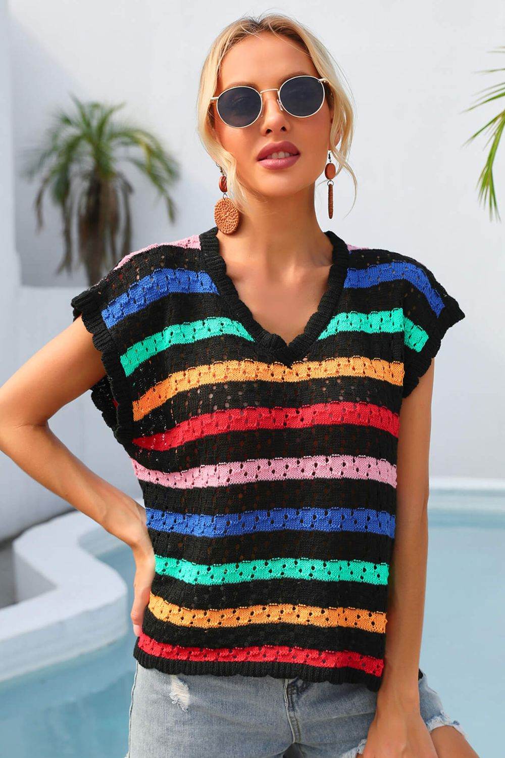 Angel Wings Striped V-Neck Slit Cover Up - Selvanelle