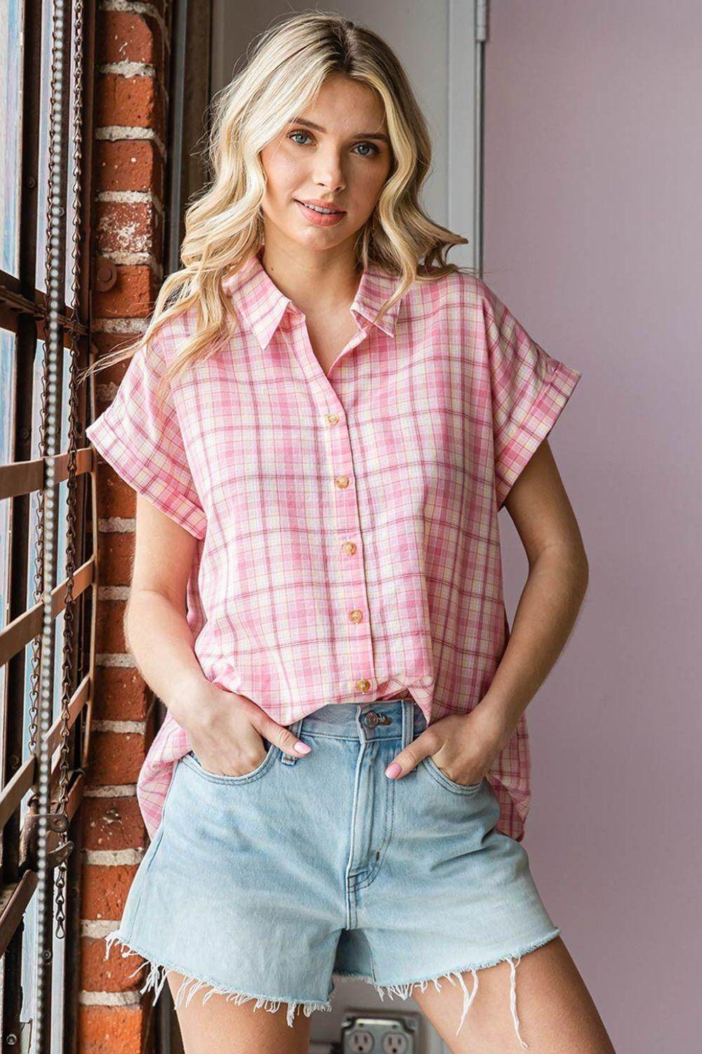 Cotton Bleu by Nu Lab Plaid Collared Neck Short Sleeve Shirt - Selvanelle