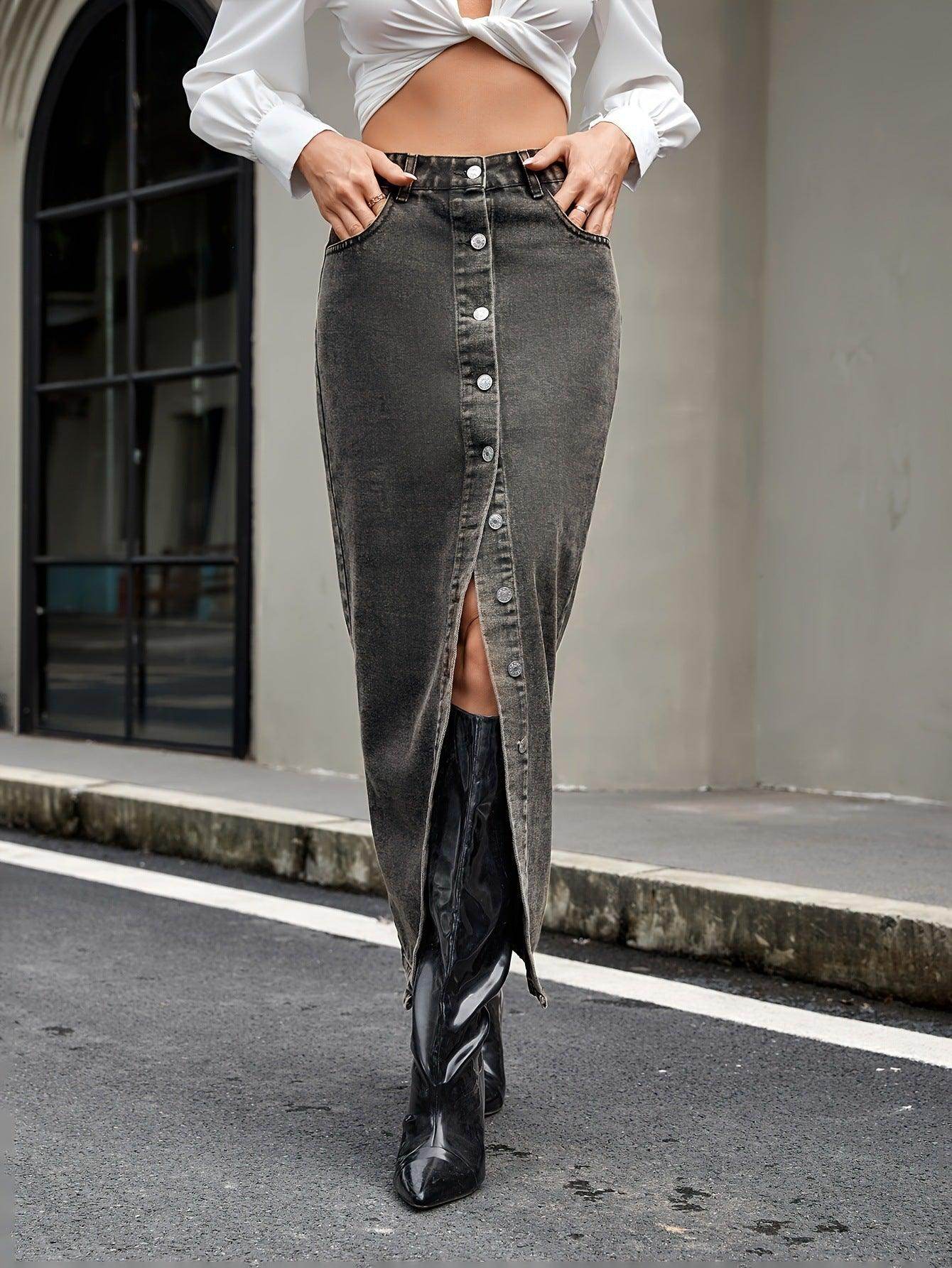 Button Up High Rise Denim Skirt for Stylish Women - Selvanelle