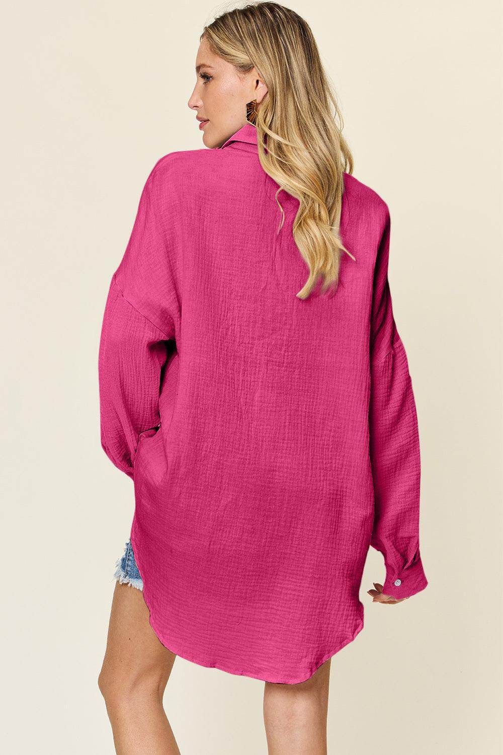 Double Take Full Size Pocketed Texture Button Up Shirt - Selvanelle