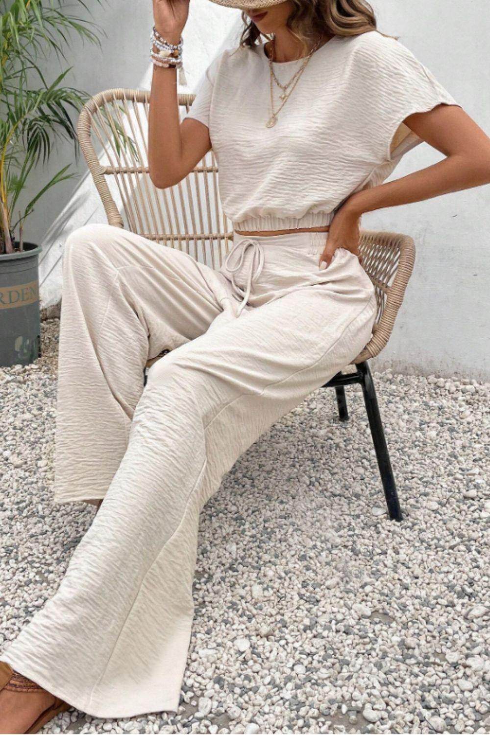 Round Neck Short Sleeve Top and Pants Set for Women - Selvanelle