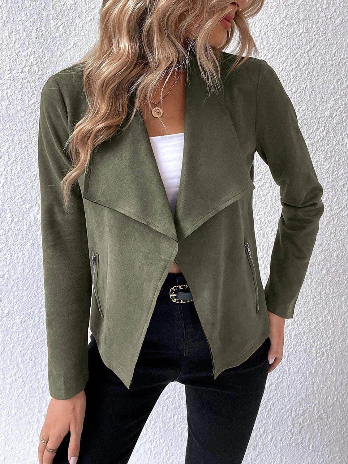 Collared Neck Long Sleeve Jacket for Everyday Wear - Selvanelle