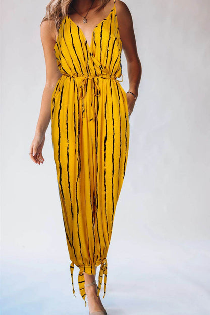 Striped Contrast Tie Ankle Spaghetti Strap Jumpsuit - Selvanelle