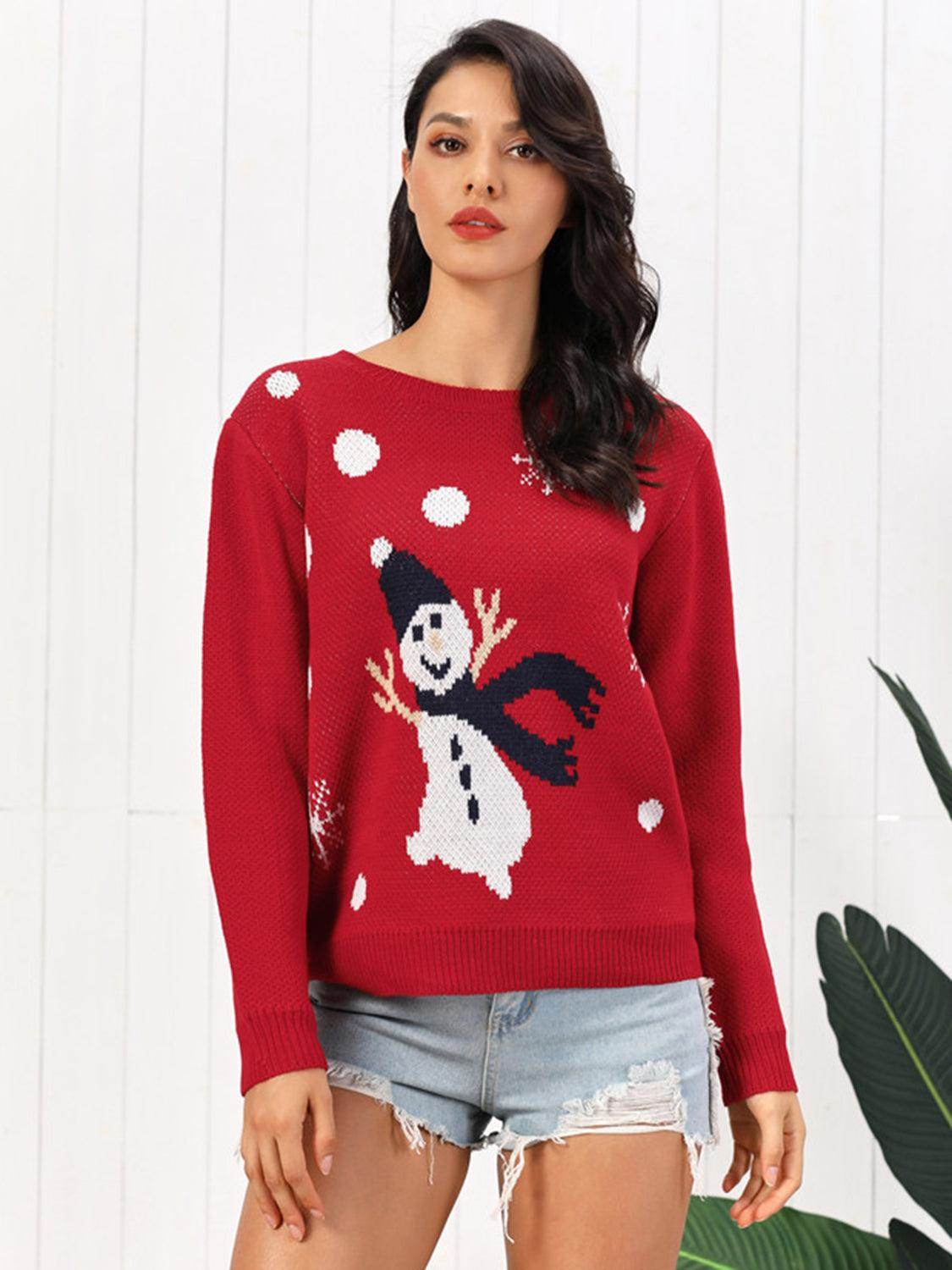Snowman Round Neck Sweater for Cozy Winter Style - Selvanelle