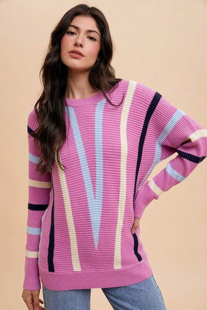 Annie Wear Chevron Stripe Round Neck Ribbed Sweater for Women - Selvanelle