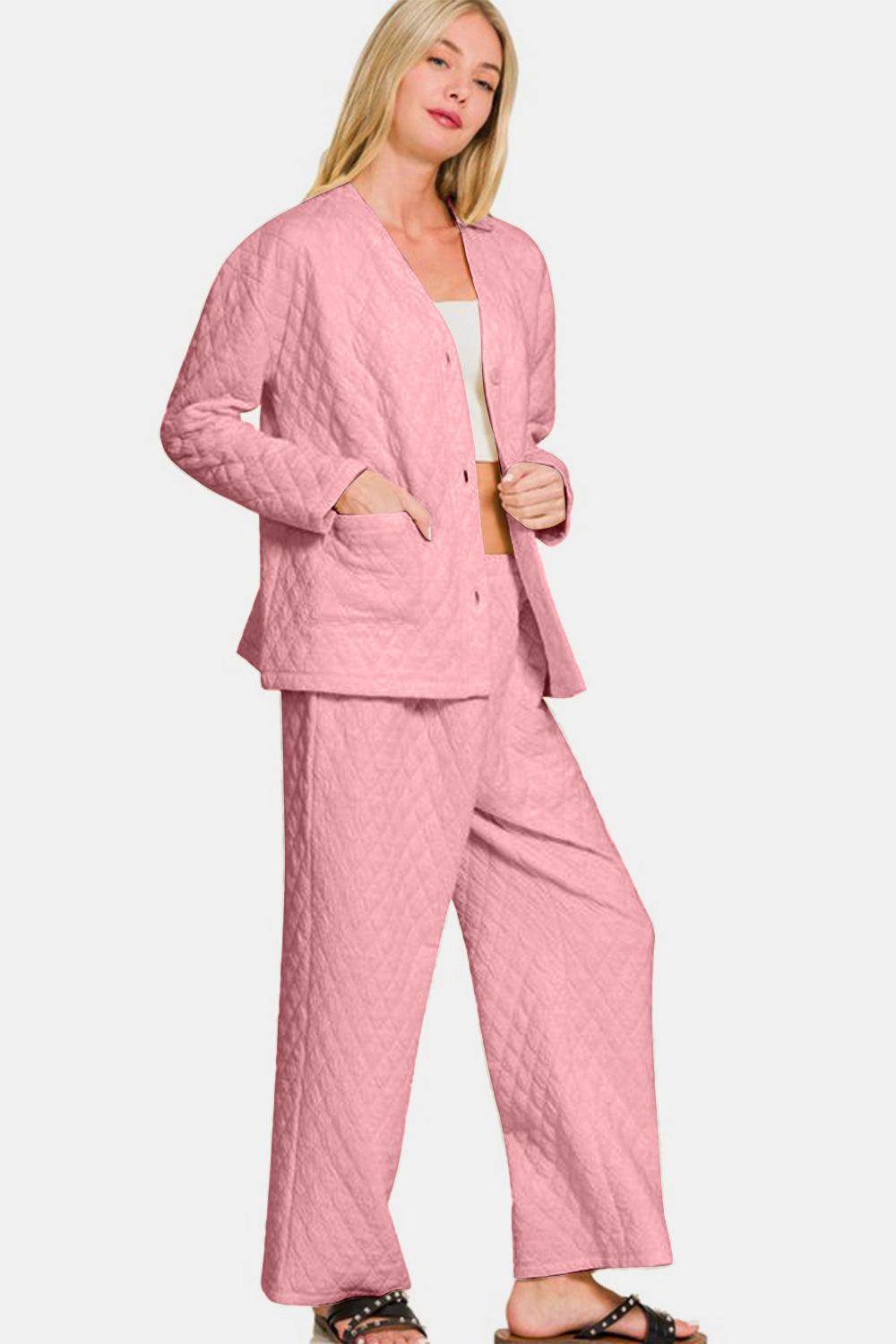 Zenana Quilted Button Up Long Sleeve Top and Pants Set - Selvanelle