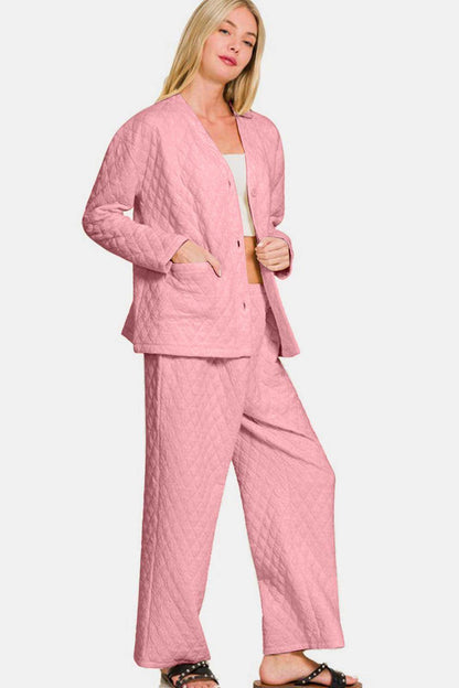 Zenana Quilted Button Up Long Sleeve Top and Pants Set - Selvanelle