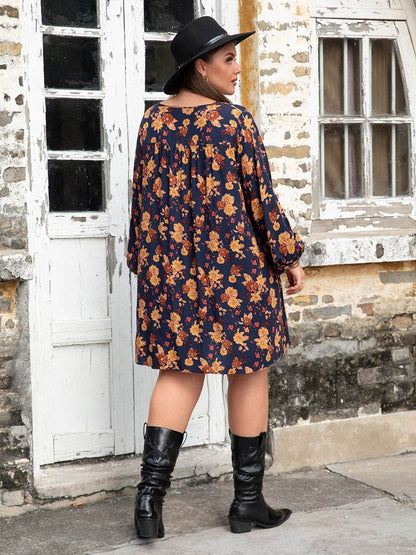 Plus Size Floral V-Neck Balloon Sleeve Dress - Selvanelle