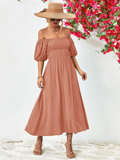 Off-Shoulder Balloon Sleeve Midi Dress for Chic Style - Selvanelle