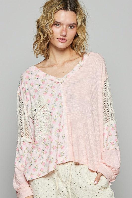 POL Floral Crochet Patch V-Neck Top for Stylish Women