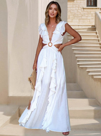 Cutout Ruffled Cap Sleeve Maxi Dress - Selvanelle