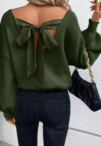 Tied Back V-Neck Long Sleeve Sweater for Women Fashion - Selvanelle