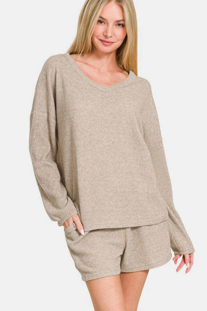 Zenana V-Neck Long Sleeve Ribbed Top and Shorts Set Outfit - Selvanelle