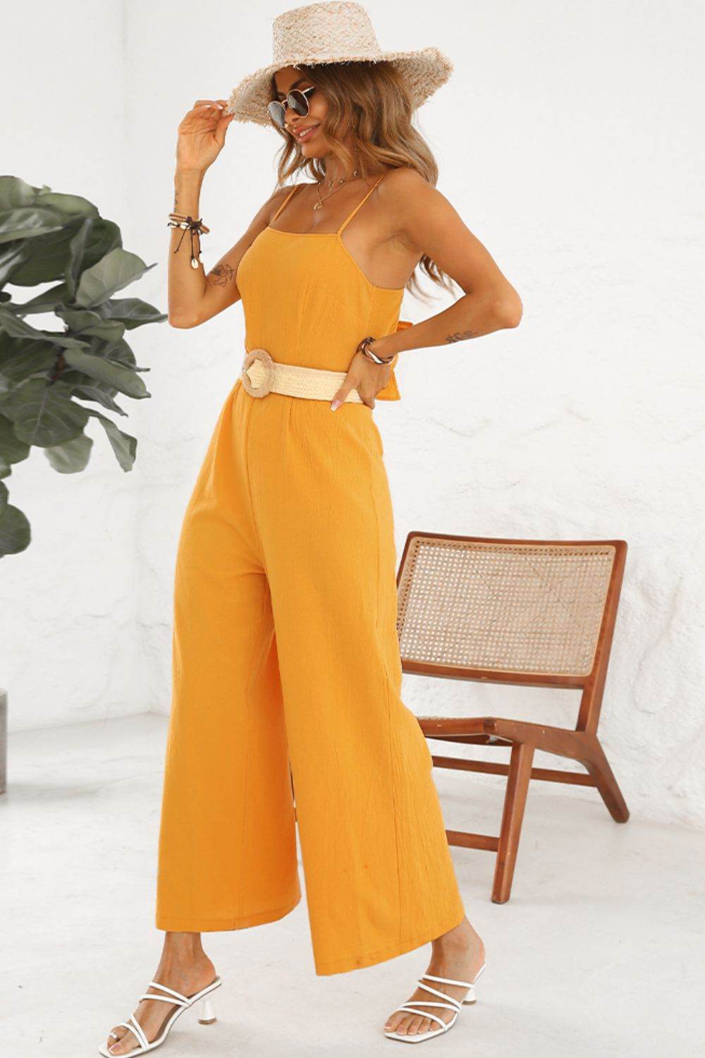 Shiny Cutout Spaghetti Strap Tie Back Wide Leg Jumpsuit - Selvanelle