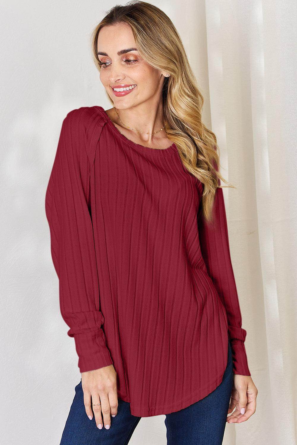 Basic Bae Full Size Ribbed Round Neck Slit T-Shirt for Women - Selvanelle