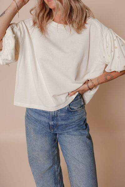 Pearl Detail Round Neck Half Sleeve Blouse for Women - Selvanelle