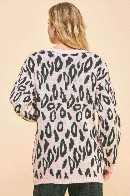 Davi & Dani Leopard Ribbon Tie Front Loose Fit Cardigan - Selvanelle