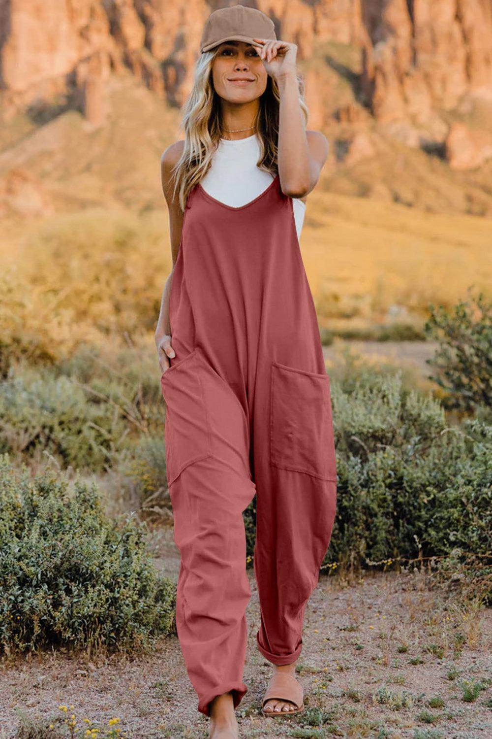 Double Take Full Size V-Neck Sleeveless Jumpsuit with Pockets - Selvanelle