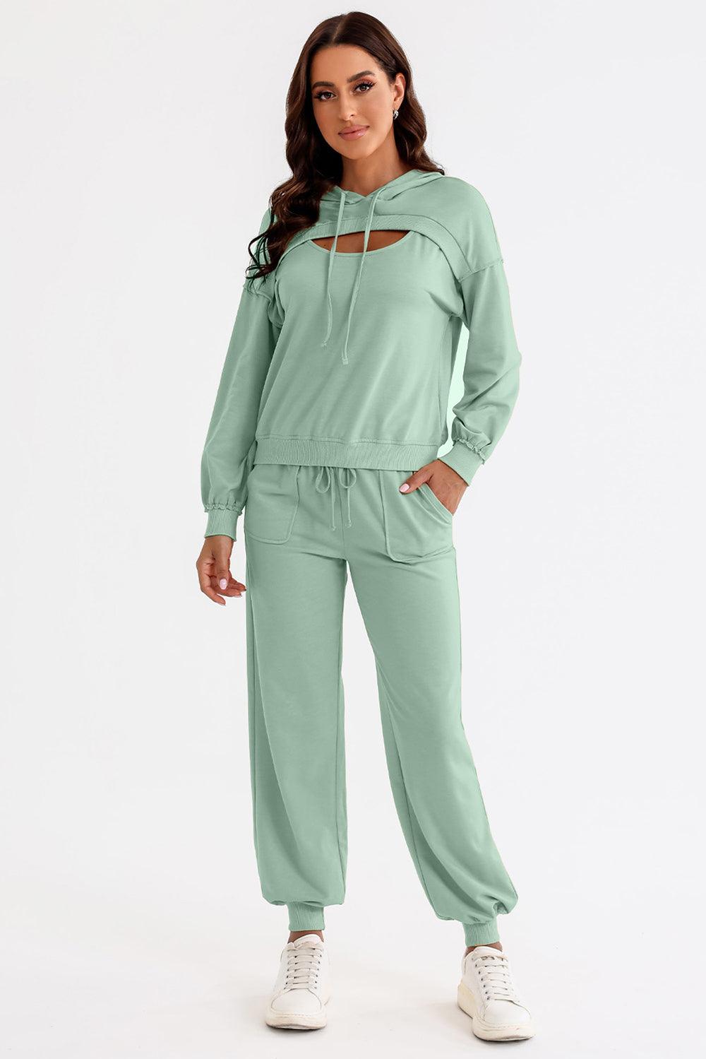 Cutout Drawstring Hoodie and Joggers Active Set for Women