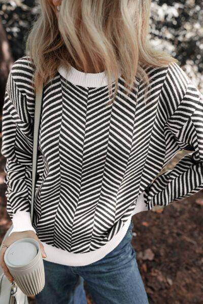 Striped Round Neck Long Sleeve Sweater for Women Fashion - Selvanelle