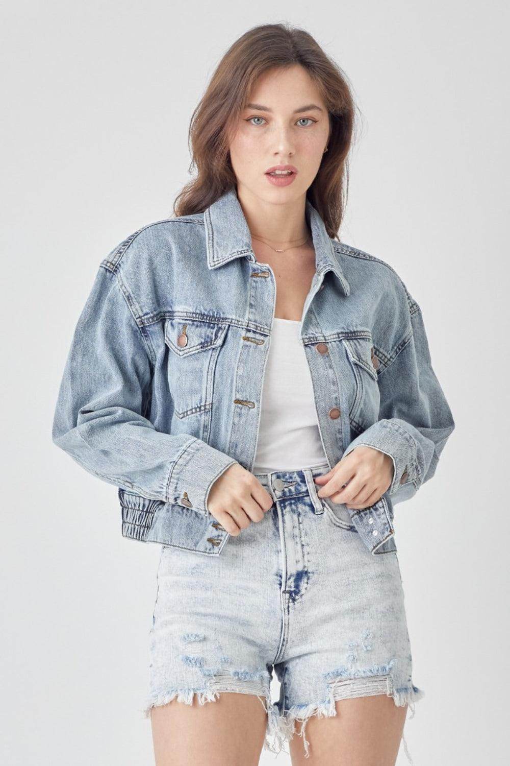 RISEN Full Size Button Down Cropped Denim Jacket for Women - Selvanelle
