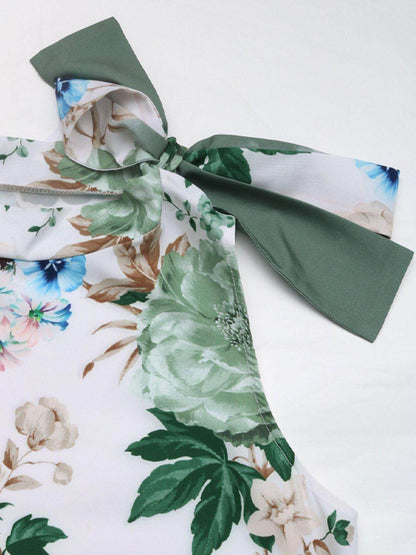 Tied Flower Printed Mock Neck Top for Women - Stylish Design - Selvanelle