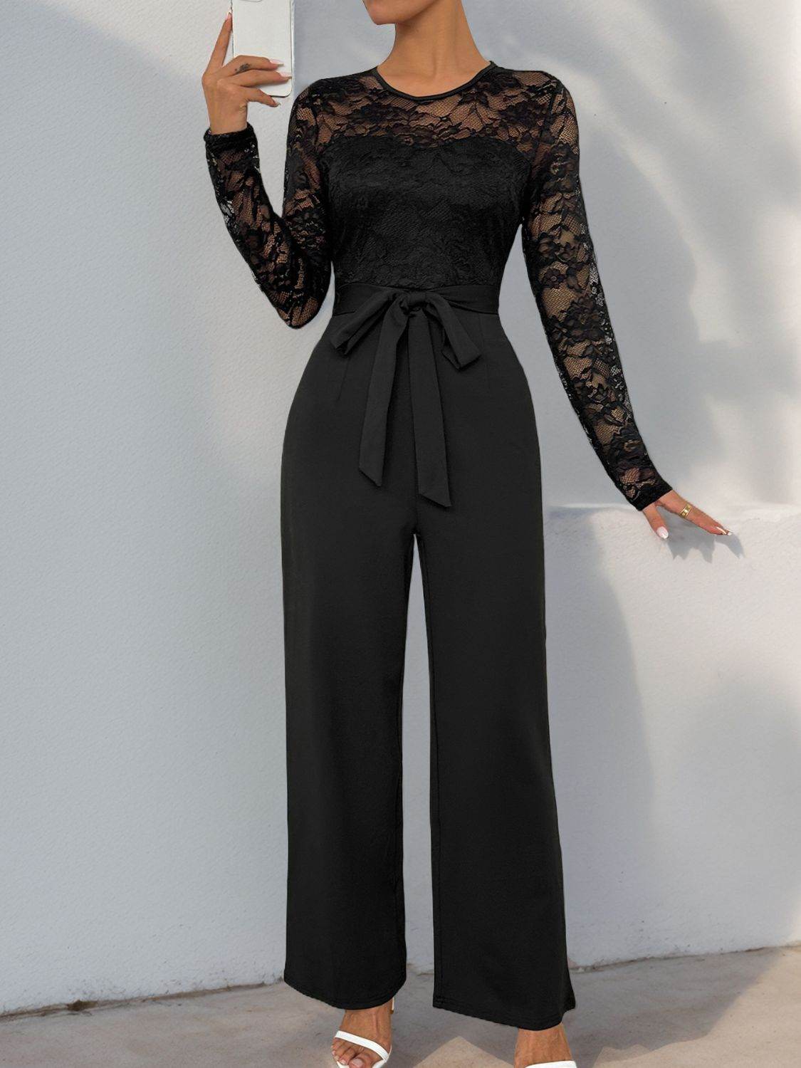 Perfee Lace Round Neck Long Sleeve Jumpsuit - Selvanelle