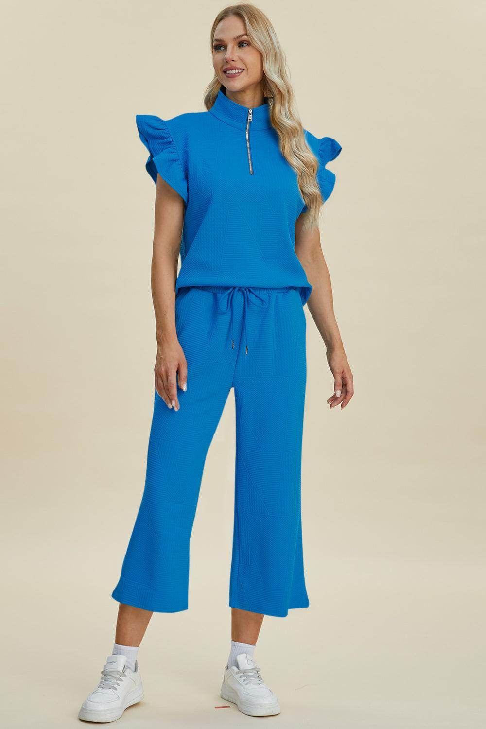 Double Take Full Size Texture Ruffle Top and Pants Set - Selvanelle