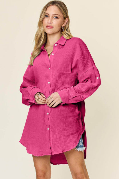 Double Take Full Size Pocketed Texture Button Up Shirt - Selvanelle