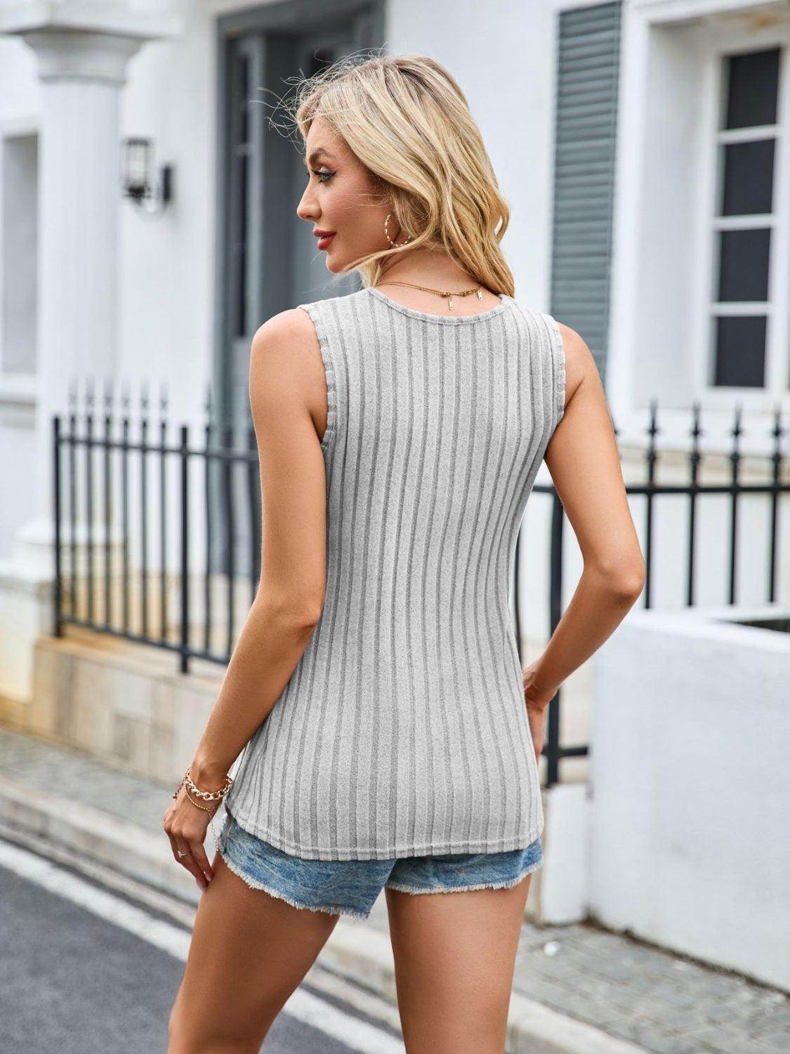 Ribbed Solid Color V-Neck Tank for Women Stylish Wear - Selvanelle