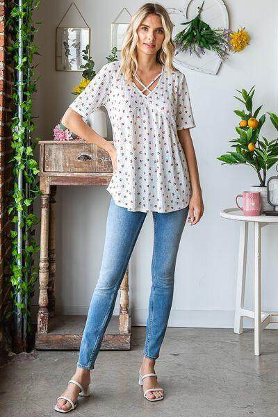 Heimish Full Size Crisscross Ditsy Floral Babydoll Top Plus Size - Selvanelle