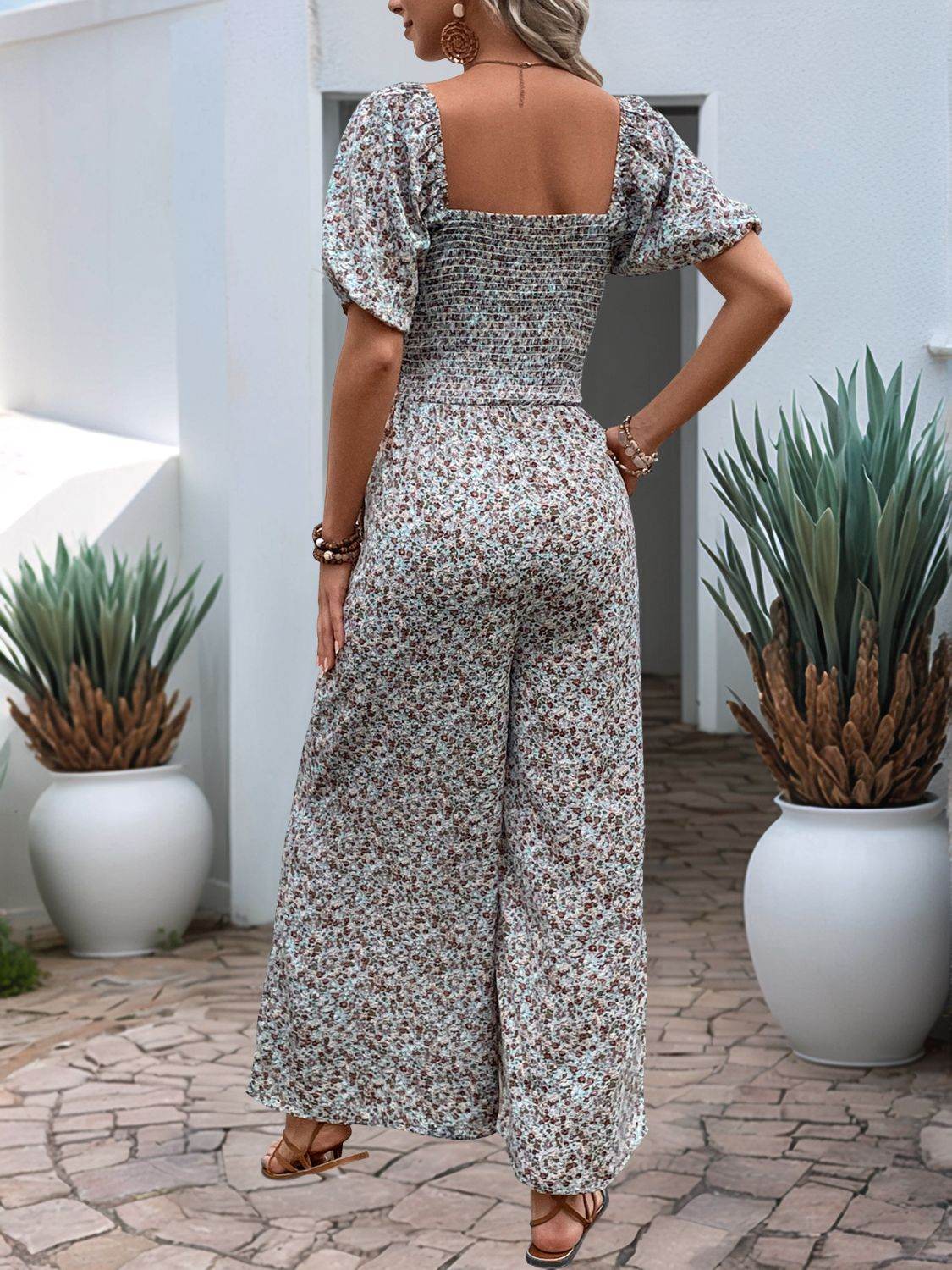 Perfee Ditsy Floral Smocked Square Neck Puff Sleeve Jumpsuit - Selvanelle