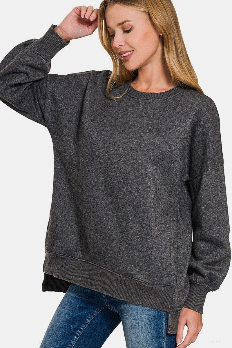 Zenana High-Low Acid Wash Fleece Sweatshirt for Women