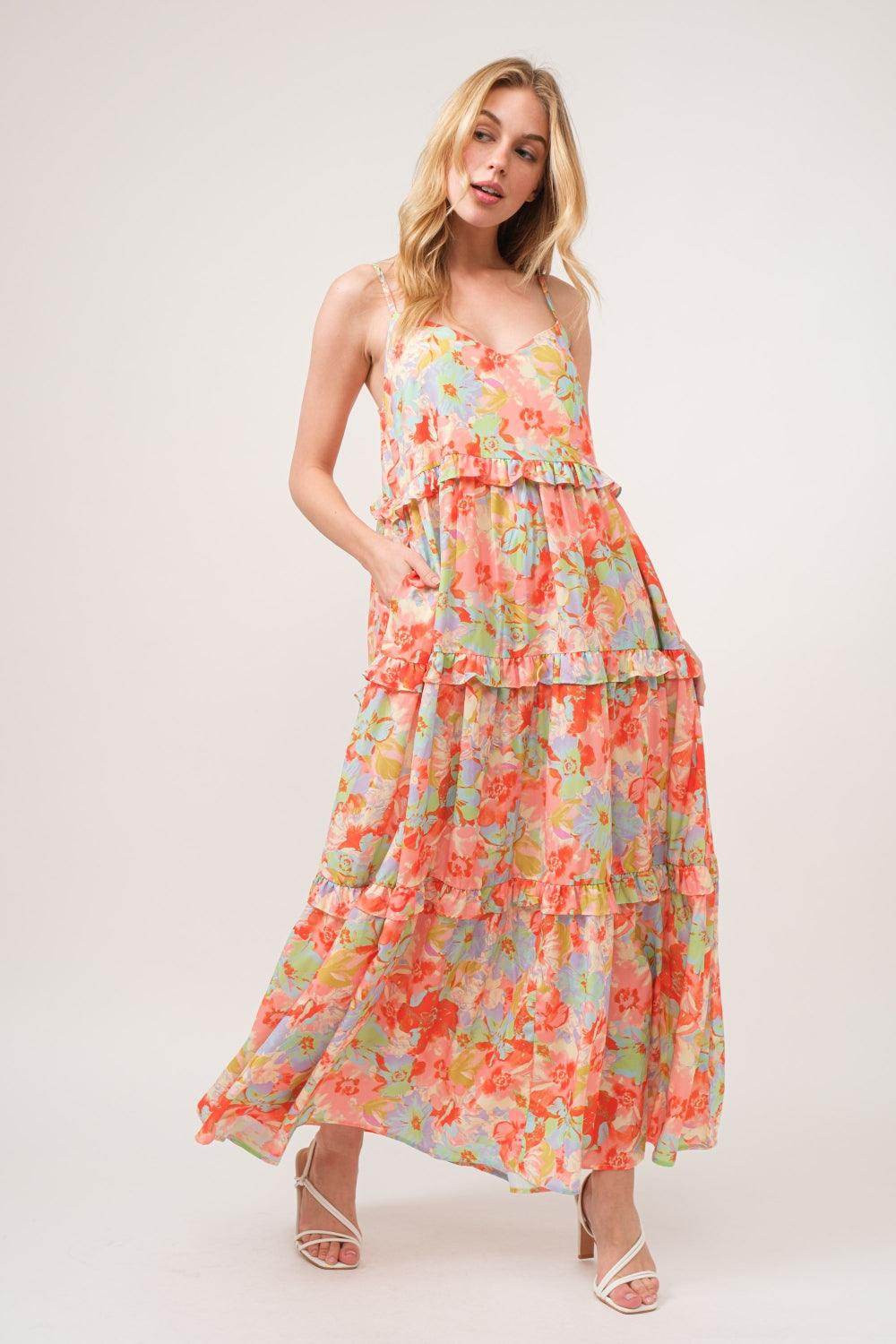 And The Why Floral Ruffled Tiered Maxi Adjustable Strap Cami Dress - Selvanelle