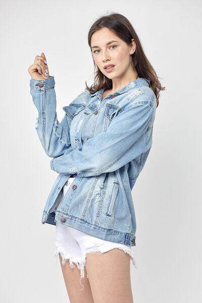 RISEN Full Size Distressed Long Sleeve Denim Jacket Plus Size - Selvanelle
