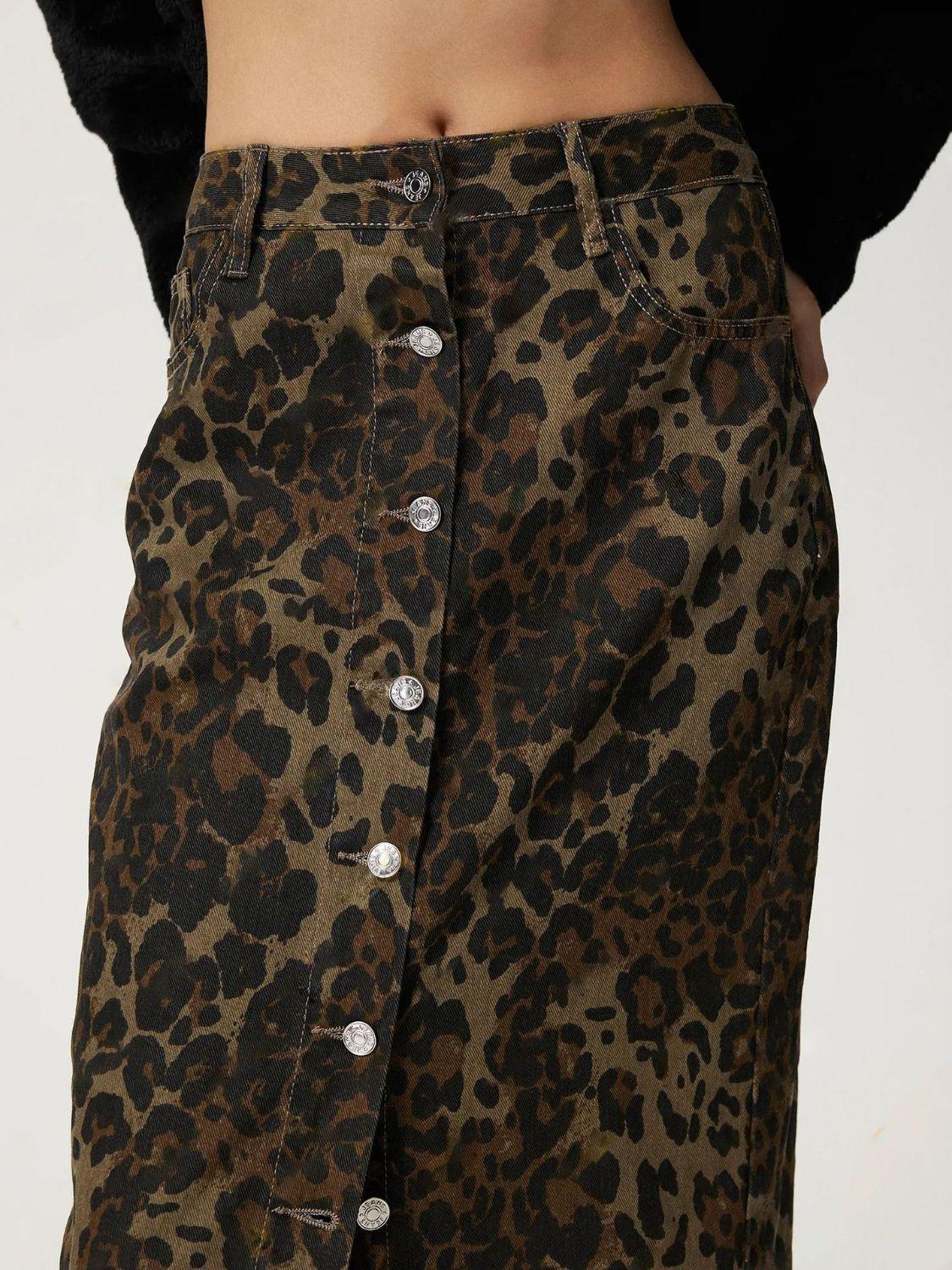 Leopard Button Up Denim Skirt with Pockets and Slit