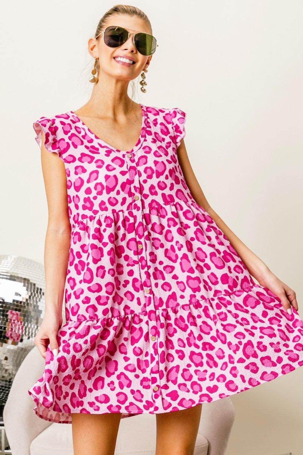 BiBi Leopard Cap Sleeve Tiered Mini Dress for Stylish Looks - Selvanelle
