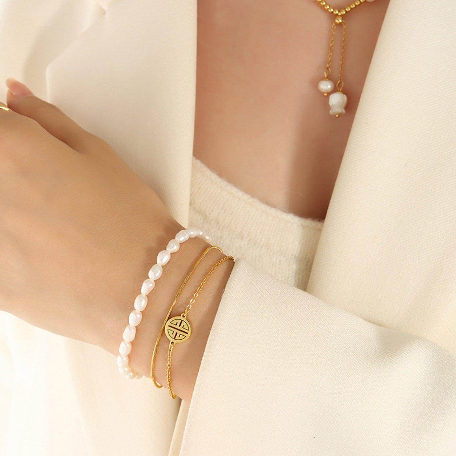 Titanium Steel Three-Layered Pearl Bracelet for Women - Selvanelle