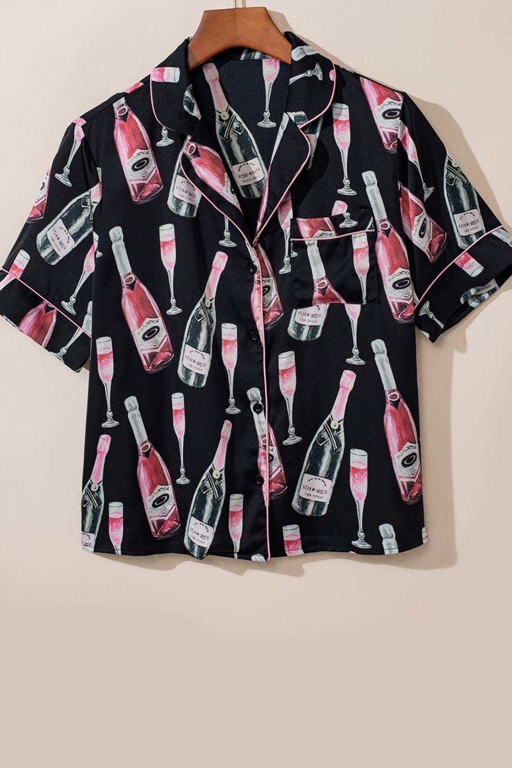 Champagne Print Short Sleeve Top and Shorts Set for Women - Selvanelle