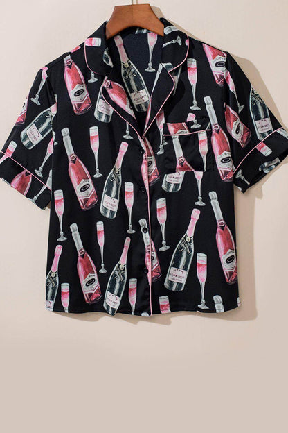 Champagne Print Short Sleeve Top and Shorts Set for Women - Selvanelle