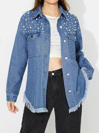 Raw Hem Pearl Trim Collared Neck Denim Top for Women - Selvanelle