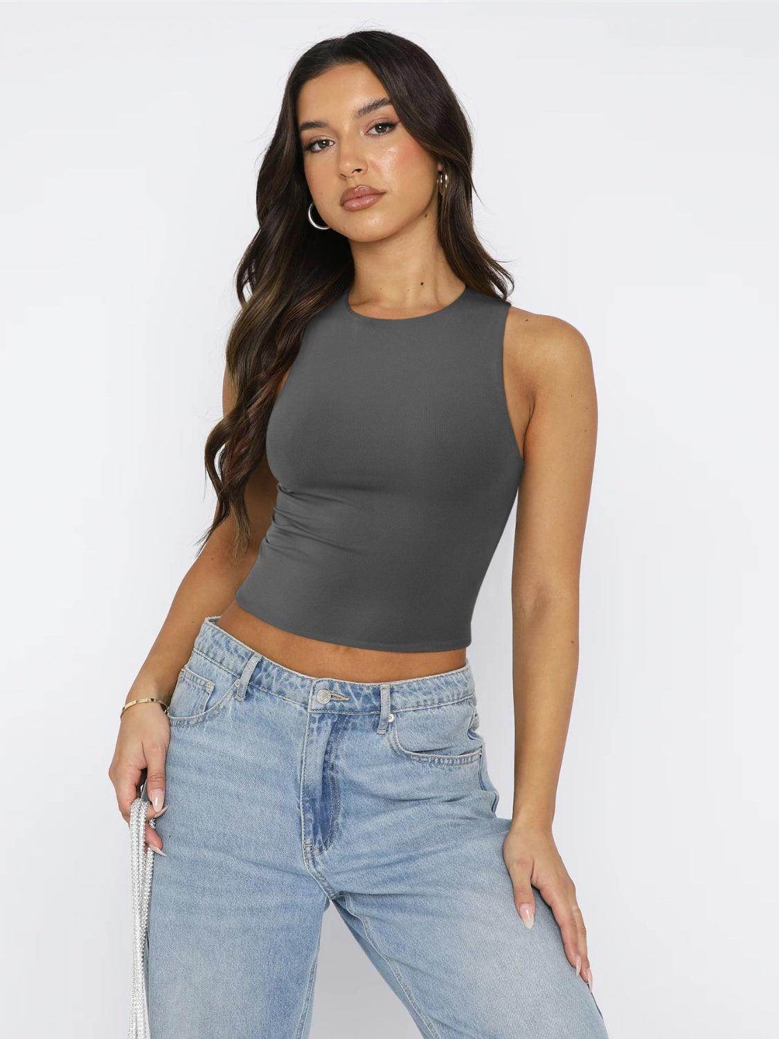 Round Neck Cropped Tank for Women in Soft Stretch Fabric - Selvanelle