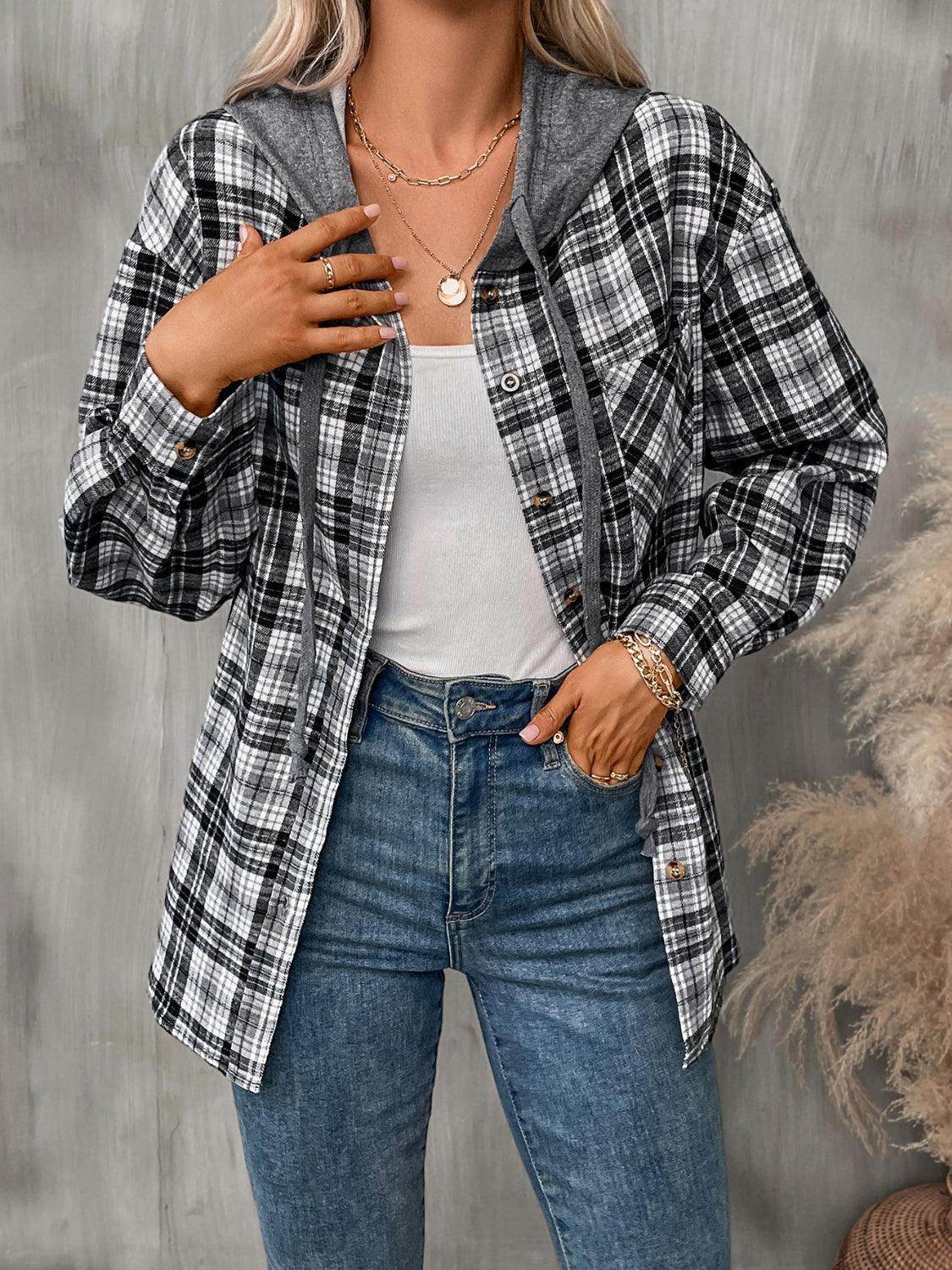 Plaid Long Sleeve Hooded Jacket for Women with Pockets - Selvanelle