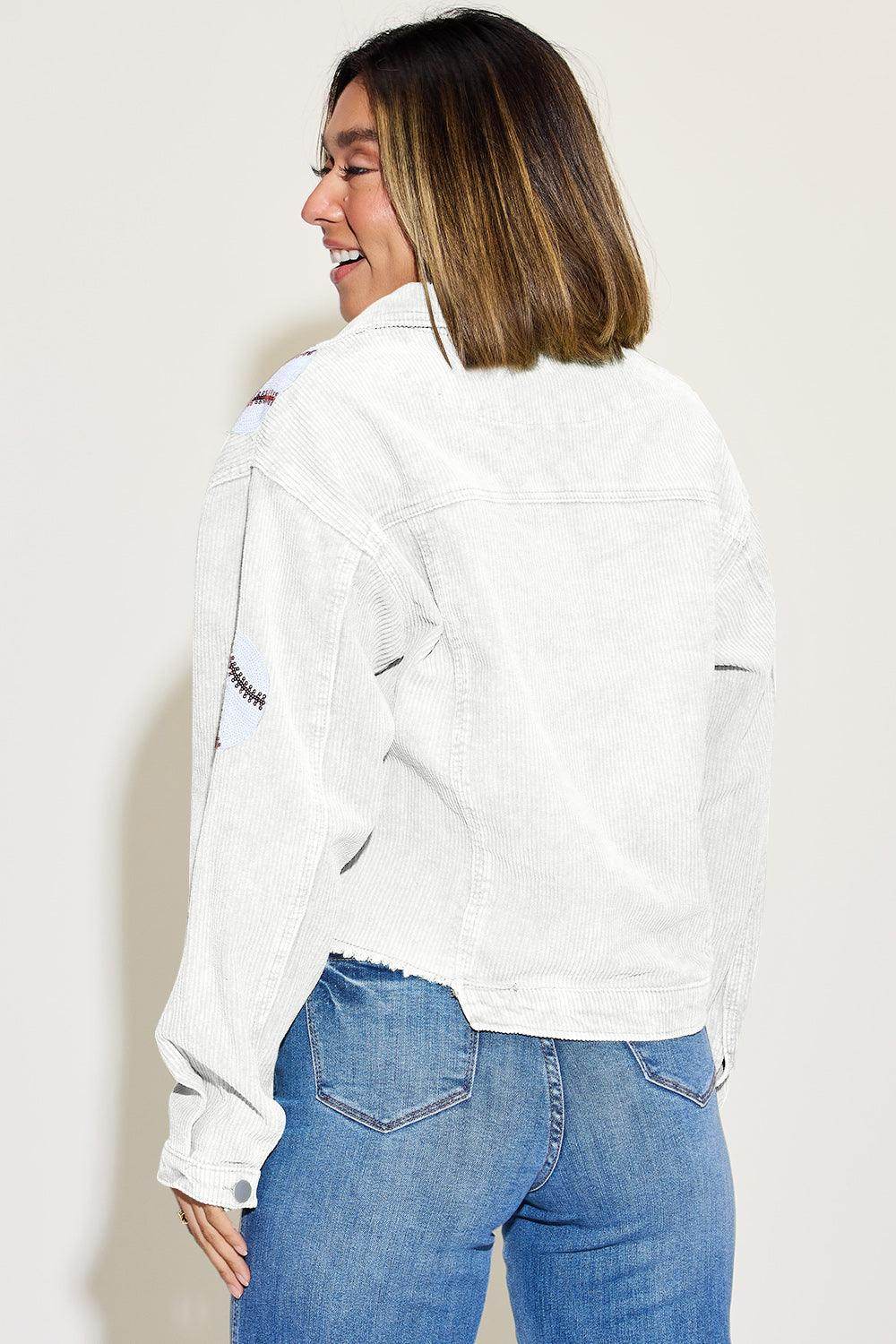 Baseball Sequin Dropped Shoulder Raw Hem Jacket for Women - Selvanelle