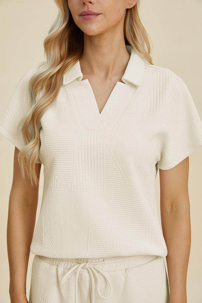 Double Take Full Size Collared Neck Short Sleeve Top Set - Selvanelle